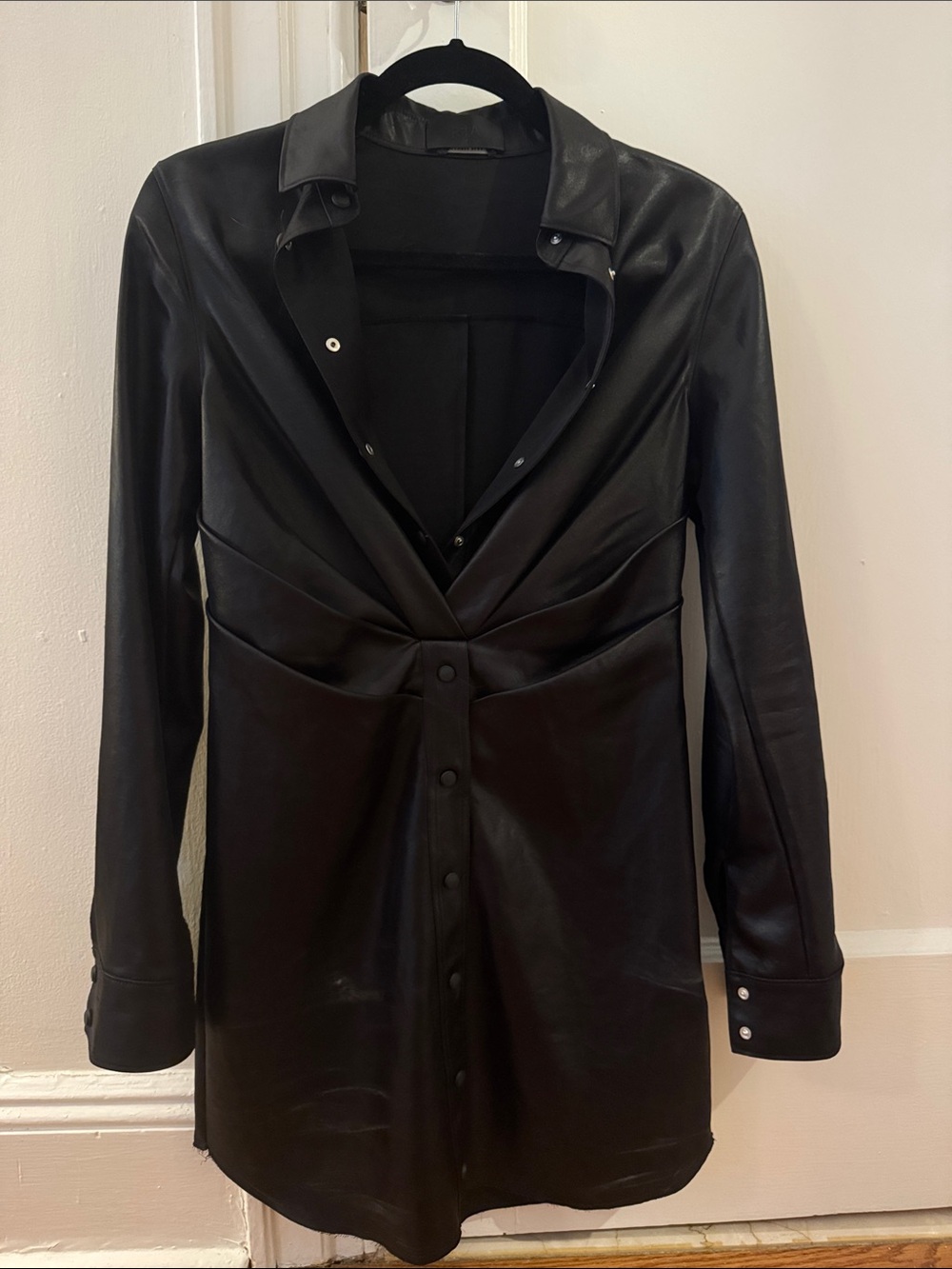 RtA Black Faux Leather Longline Snap-Front Jacket